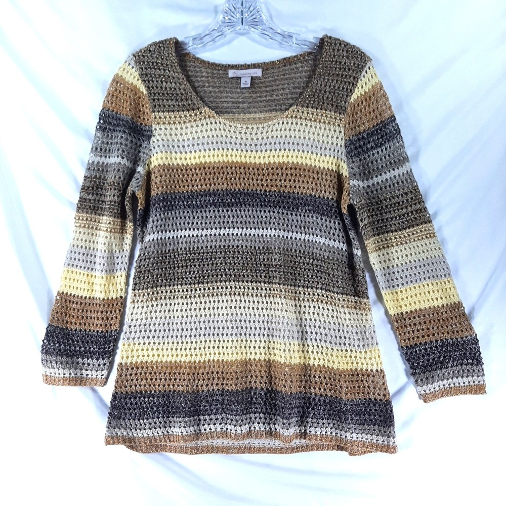 Christopher & Banks Womens Brown Striped Open Knit Scoop Neck Sweater Medium